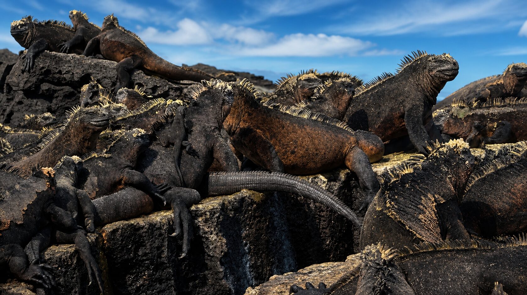 Marine iguanas on the rocky shore of the Galápagos Islands