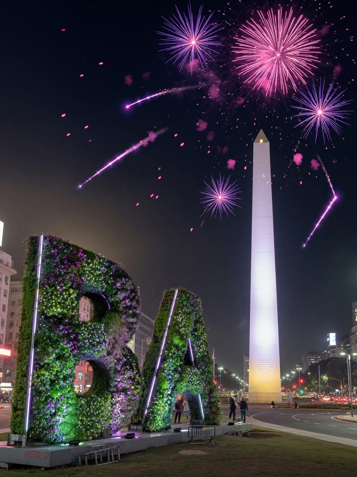 Obelisco de Buenos Aires con fuegos artificiales y letras BA iluminadas - Tours Galaapp