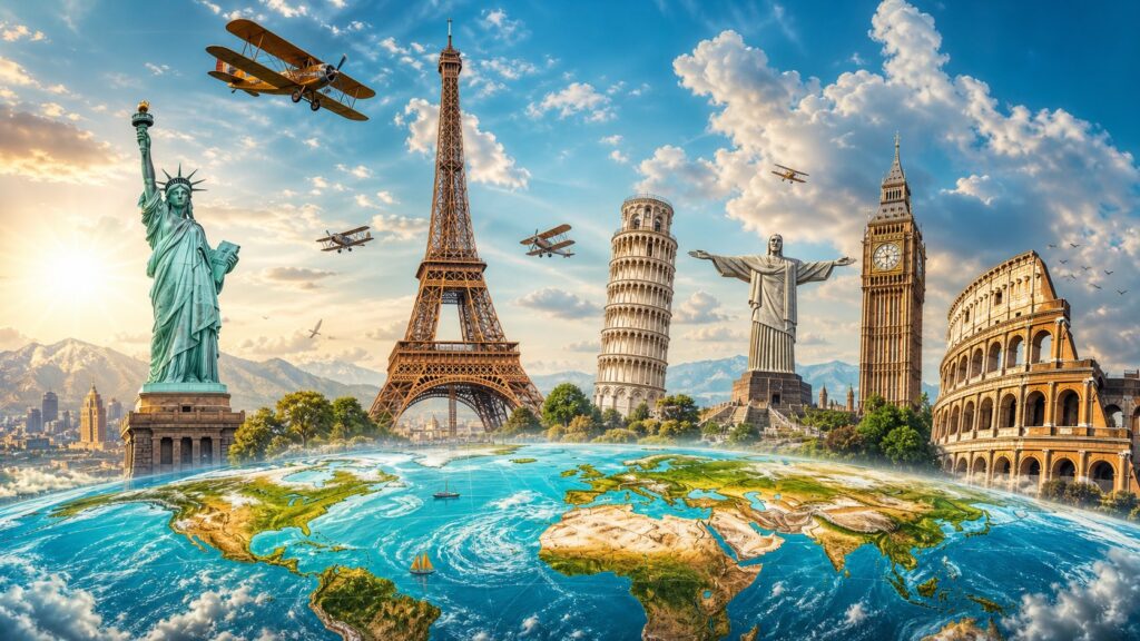 Iconos turisticos internacionales junto a Galaapp: Estatua de la Libertad, Torre Eiffel, Cristo Redentor y Big Ben