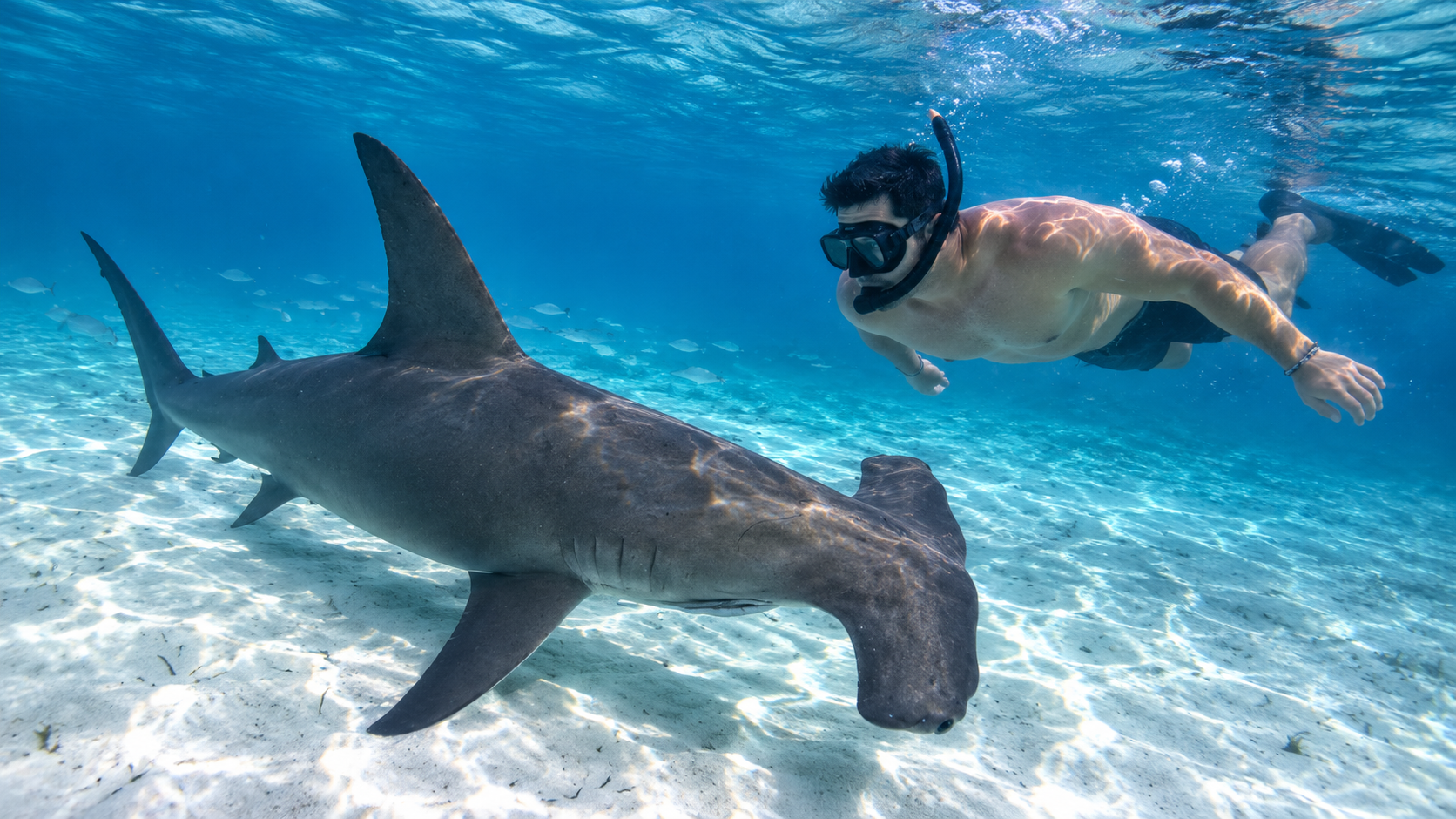 Hammerhead shark diving Galápagos, snorkeler swimming with a hammerhead shark